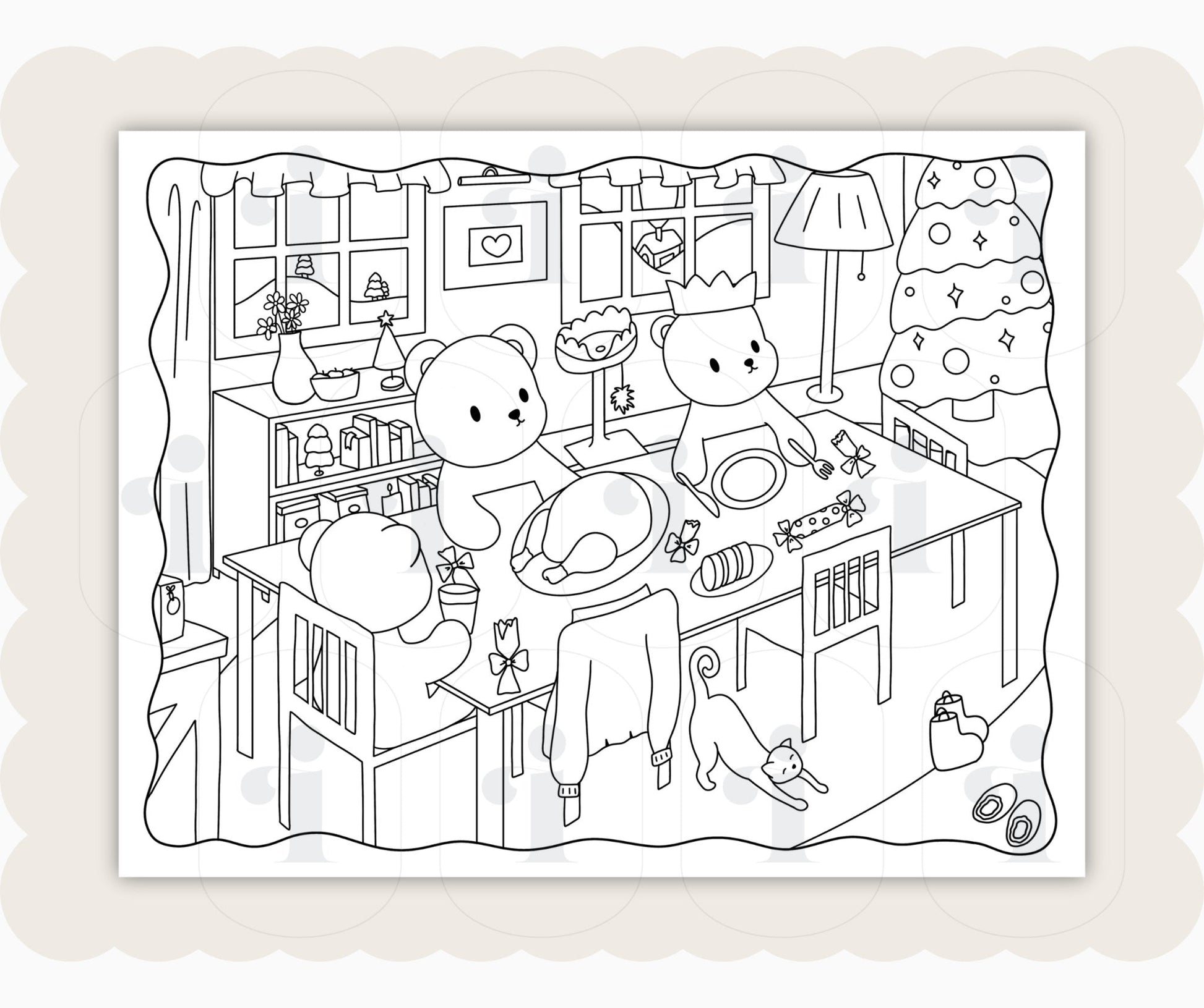 Winter Coloring Page - Christmas Dinner - Plan with Inès