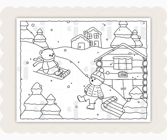 Winter Coloring Page - Sledding - Plan with Inès