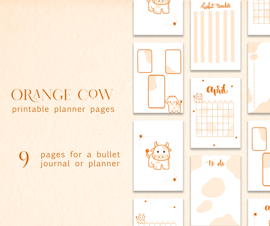 Orange Cow Bullet Journal Printable - 9 pages