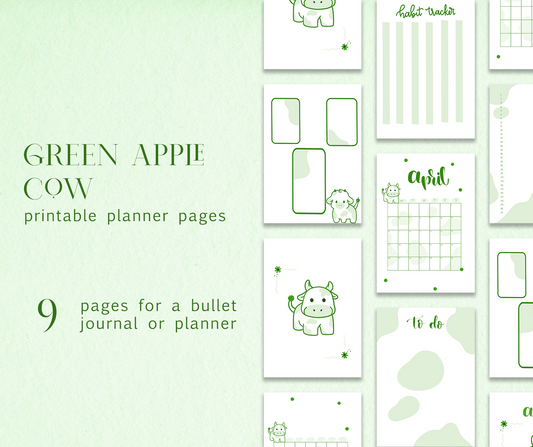 Green Apple Cow Bullet Journal Printable - 9 pages