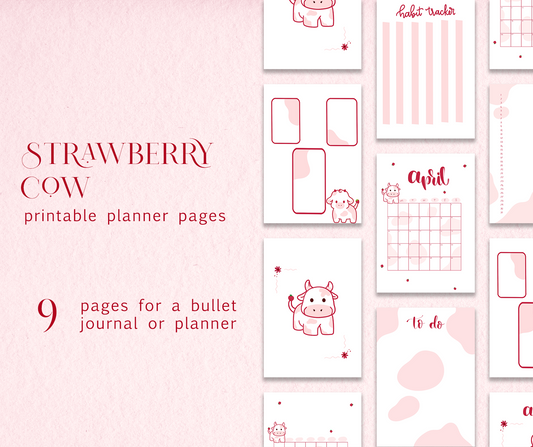 Strawberry Cow Bullet Journal Printable - 9 pages